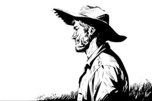 contento granjero en sombrero con el cosecha en mano grabado estilo. mano dibujado tinta bosquejo. vector logotipo ilustración. foto