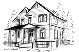 vector negro y blanco tinta bosquejo de Clásico de madera casa. grabado estilo ilustración. foto