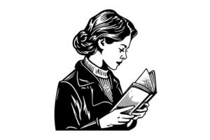 Businness woman read book ink drawing sketch. Pop art style black and white vector illustration. photo