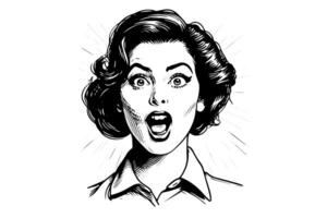 Surprised businness woman ink drawing sketch. Pop art style black and white vector illustration. photo