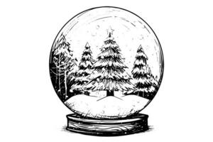 Merry Christmas gift snow globe Snowflake tree  inside. Vector engraving ink sketch illustration. photo