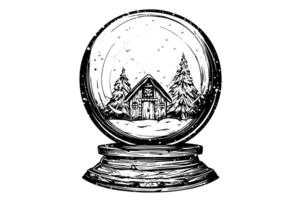 Merry Christmas gift snow globe Snowflake tree and house inside. Vector engraving ink sketch illustration. photo