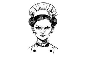 Angry woman chef ink sketch in engraving style.  Drawing young female vector illustration. photo