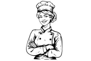 Smiley woman chef ink sketch in engraving style.  Drawing young female vector illustration. photo