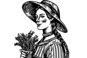A woman farmer harvesting in the field in engraving style. Drawing ink sketch vector illustration. photo