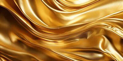 Golden fluid background. Liquid yellow metal wallpaper. Glamour swirl gold texture. 3d wavy flow abstraction. photo