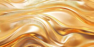 Golden fluid background. Liquid yellow metal wallpaper. Glamour swirl gold texture. 3d wavy flow abstraction. photo