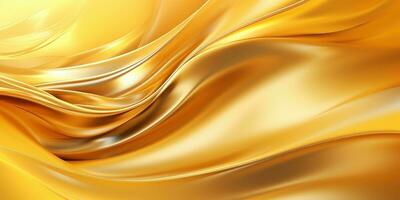 Golden fluid background. Liquid yellow metal wallpaper. Glamour swirl gold texture. 3d wavy flow abstraction. photo