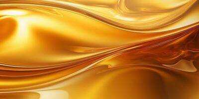 Golden fluid background. Liquid yellow metal wallpaper. Glamour swirl gold texture. 3d wavy flow abstraction. photo