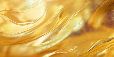 dorado fluido antecedentes. líquido amarillo metal fondo de pantalla. glamour remolino oro textura. 3d ondulado fluir abstracción. foto