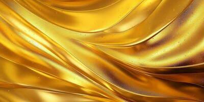 Golden fluid background. Liquid yellow metal wallpaper. Glamour swirl gold texture. 3d wavy flow abstraction. photo