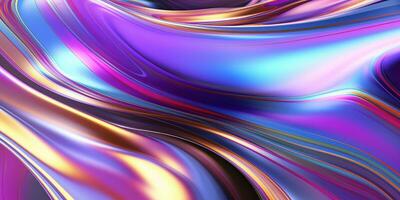 Holographic chrome gradient waves abstract background. Liquid surface, ripples, reflections. 3d render illustration. photo