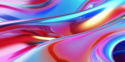 Holographic chrome gradient waves abstract background. Liquid surface, ripples, reflections. 3d render illustration. photo