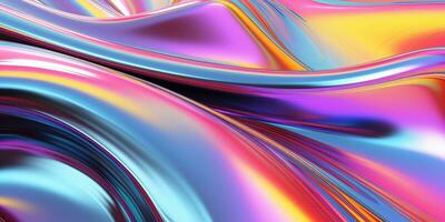 Metallic rainbow gradient waves abstract background. Iridescent chrome wavy surface. Liquid surface, ripples, reflections. 3d render illustration. photo