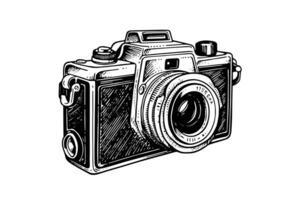 Modern photo camera in engraving style. Vector retro hand drawn illustration.