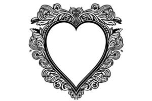 Hand drawn ink sketch of retro photo frame heart shaped. Vector illustration.