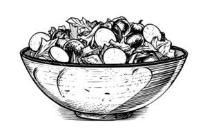 Bowl vegetables salad ink sketch hand drawn. Engraving style vector illustration. photo
