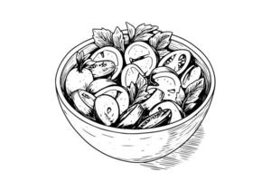 Bowl vegetables salad ink sketch hand drawn. Engraving style vector illustration. photo