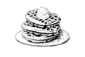Waffles with ice cream hand drawn ink sketch. Engraving style vector illustration. photo