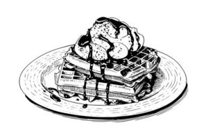 Waffles with ice cream hand drawn ink sketch. Engraving style vector illustration. photo