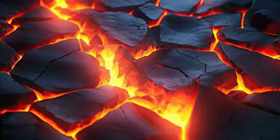 Molten lava texture background. Ground hot lava. Burning coals, crack surface. Abstract nature pattern, glow faded flame. 3D Render Illustration. photo