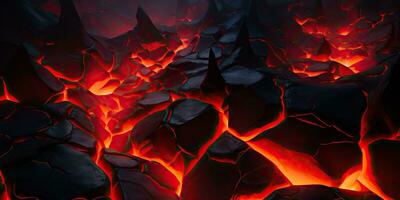 Molten lava texture background. Ground hot lava. Burning coals, crack surface. Abstract nature pattern, glow faded flame. 3D Render Illustration. photo