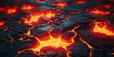 Molten lava texture background. Ground hot lava. Burning coals, crack surface. Abstract nature pattern, glow faded flame. 3D Render Illustration. photo