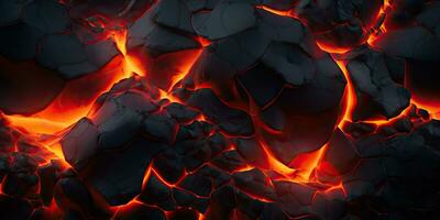 Molten lava texture background. Ground hot lava. Burning coals, crack surface. Abstract nature pattern, glow faded flame. 3D Render Illustration. photo