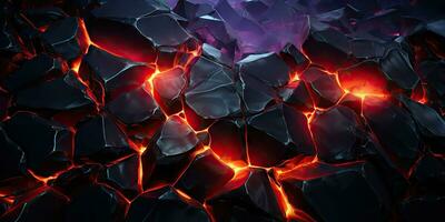 Molten lava texture background. Ground hot lava. Burning coals, crack surface. Abstract nature pattern, glow faded flame. 3D Render Illustration. photo