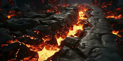Molten lava texture background. Ground hot lava. Burning coals, crack surface. Abstract nature pattern, glow faded flame. 3D Render Illustration. photo