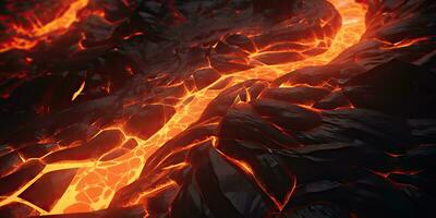 Molten lava texture background. Ground hot lava. Burning coals, crack surface. Abstract nature pattern, glow faded flame. 3D Render Illustration. photo