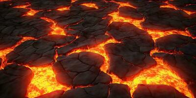 Molten lava texture background. Ground hot lava. Burning coals, crack surface. Abstract nature pattern, glow faded flame. 3D Render Illustration. photo