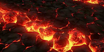 Molten lava texture background. Ground hot lava. Burning coals, crack surface. Abstract nature pattern, glow faded flame. 3D Render Illustration. photo