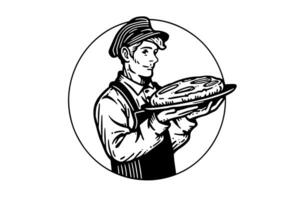 mano dibujado tinta bosquejo de masculino panadero con horneado un pan en un bandeja. grabado estilo vector ilustración. diseño para logotipo, anuncio publicitario. foto