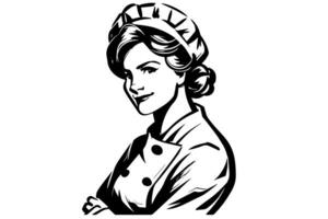 mano dibujado tinta bosquejo de hembra panadero o cocinar. diseño para logotipo, icono, Anuncio. grabado estilo vector ilustración. foto
