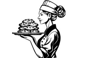 mano dibujado tinta bosquejo de hembra panadero con horneado un pan en un bandeja. grabado estilo vector ilustración. diseño para logotipo, anuncio publicitario. foto