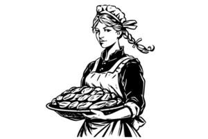 Hand drawn ink sketch of female baker with baked bread on a tray. Engraved style vector illustration. Design for logotype, advertisement. photo