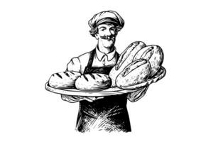 mano dibujado tinta bosquejo de masculino panadero con horneado un pan en un bandeja. grabado estilo vector ilustración. diseño para logotipo, anuncio publicitario. foto