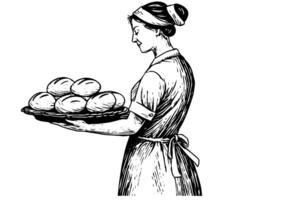 Hand drawn ink sketch of female baker with baked bread on a tray. Engraved style vector illustration. Design for logotype, advertisement. photo