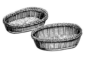 Hand drawn sketch of wicker basket. Engraved style vector illustration. Template for your design works. photo