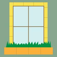 A window with a window box filled with green grass, Window frame and box made from stone, window vector illustration, can be used as a door, suitable for logos and signs and posters and social media