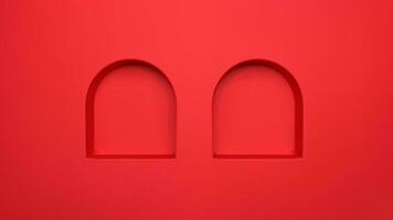 2 red 3d arch niche wall shelf for studio room interior. Vector render of two recess product podium template. Modern showcase mock up concept. Abstract color showroom with arc empty photography block.