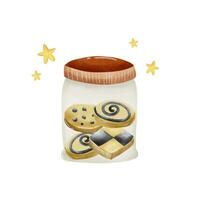 Watercolor Christmas Cookie Jar with Tasty Chocolate Cookies Drawing Vector