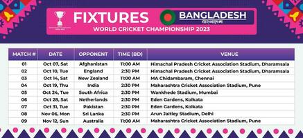 All Fixtures of Bangladesh in World Cricket Championship 2023 In Table Format vector