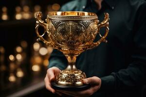Gilded Vision Hand Holding Gold Cup Transformed into Trophy of Gold Generative AI photo