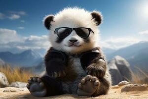 frio cachorro bebé panda balanceo Gafas de sol elegante conjunto diseñado por generativo ai foto
