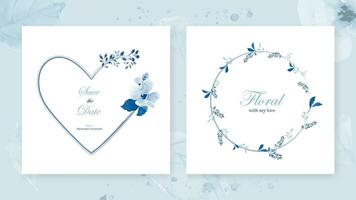 Set of card heart frame wreath with blue watercolor vector