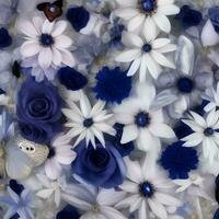 flor ilustración sin costura mariposa resumen modelo. floral aleatorio antecedentes azul blanco color. moderno diseño decoración foto