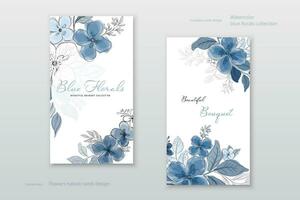 hermosa azul acuarela flores tarjetas colección vector