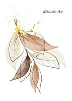 Brown leaves branches watercolor art decorated with gold splashes vector